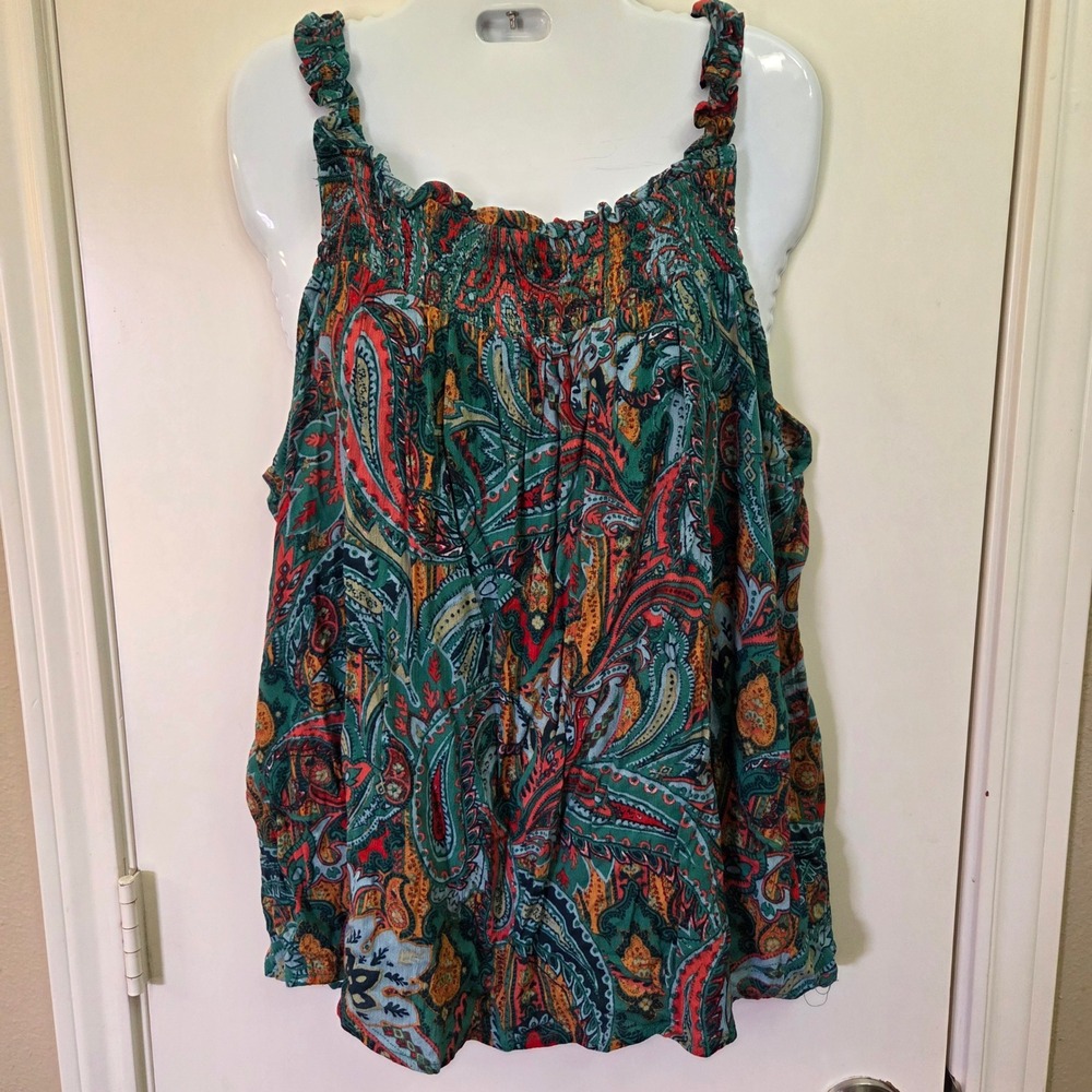 Maurices Womens Large Paisley Smocked Ruffle Strap Tank Top Teal Orange Boho NEW
